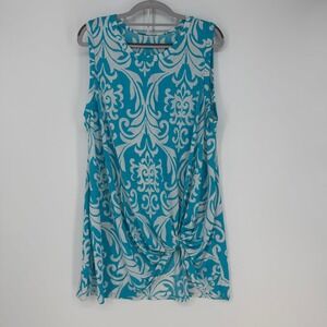 Tank Top Womens 3XL Blue Damask Knot Front Tunic Boho Chic Resortwear Knot Front